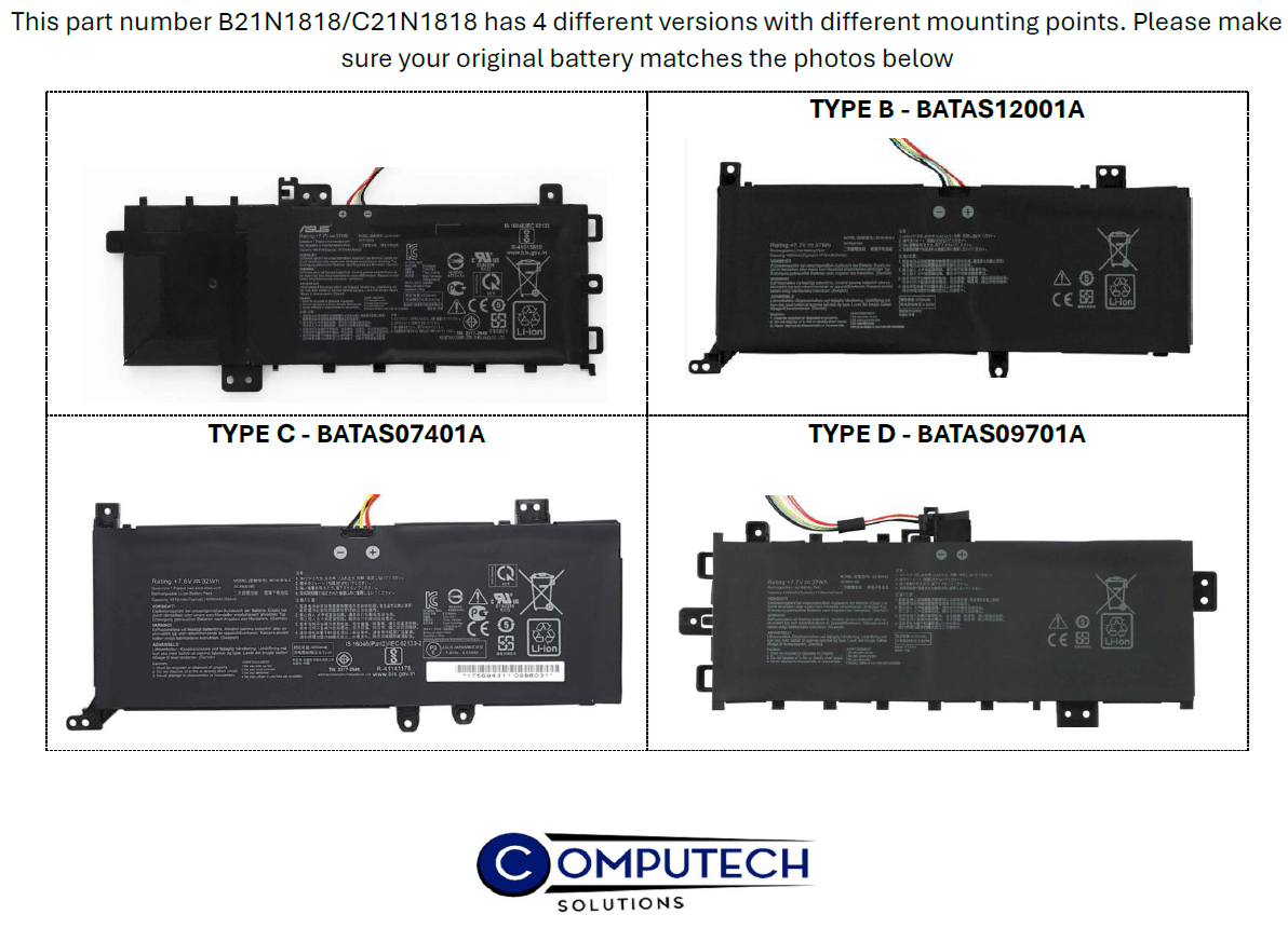 B21N1818 C21N1818 ComputechSolutions C21N1818-2 Asus replacement laptop battery, product photo showing connector and casing
