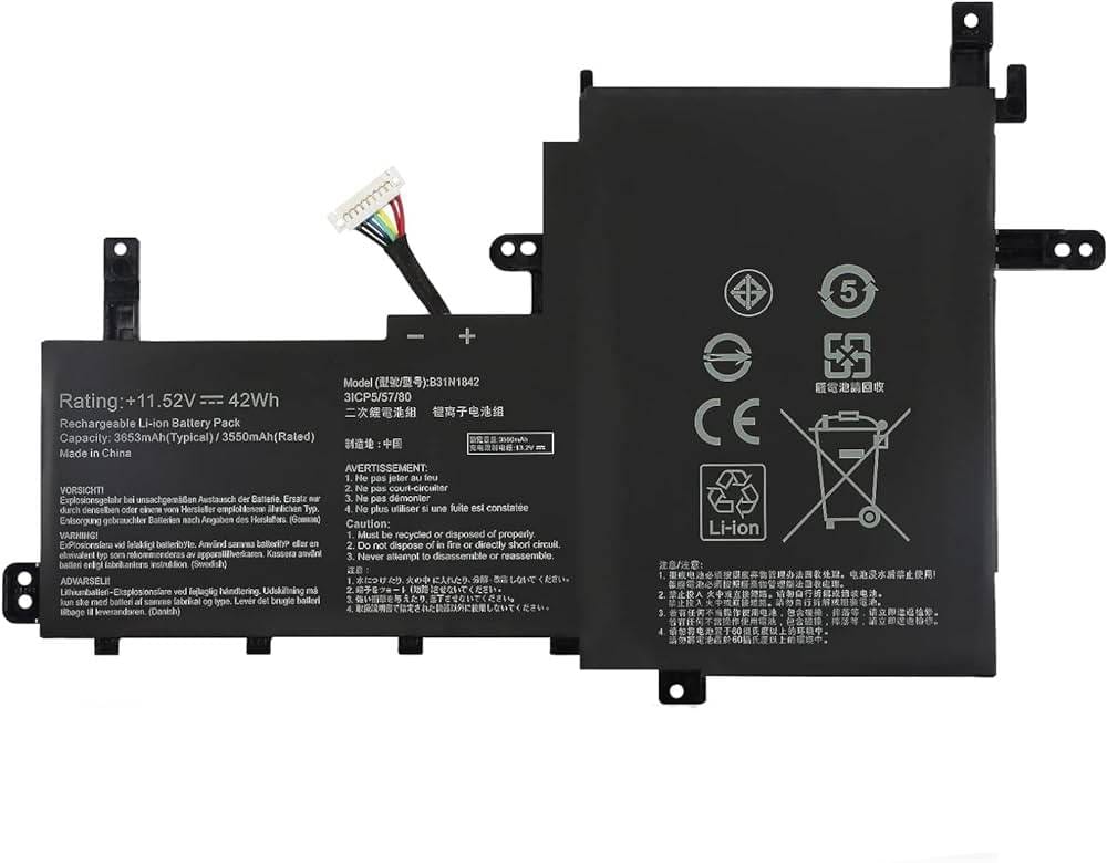 BATAS10501AFjpg ComputechSolutions B31N1842 Asus battery label showing model number and specifications, 11.4V 41Wh 3-Cell Li-Poly