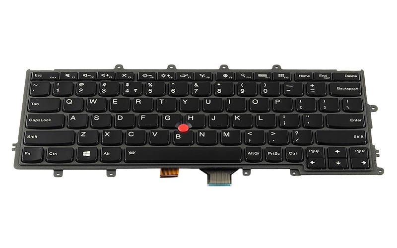 OLYMPUS DIGITAL CAMERA - Computech-Solutions Black laptop keyboard module with a red pointing stick in the center, showing key layout and edge mounting tabs.