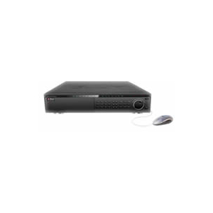 Black front view of a DVR/receiver with numerous front-panel buttons and a remote control nearby on a white background.