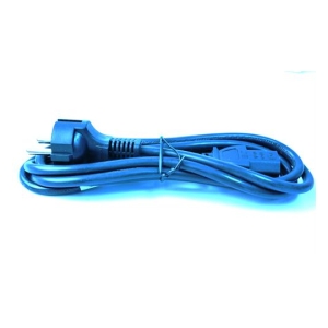Coiled blue power cord with a plug on one end and an IEC connector on the other, tied with a twist tie.