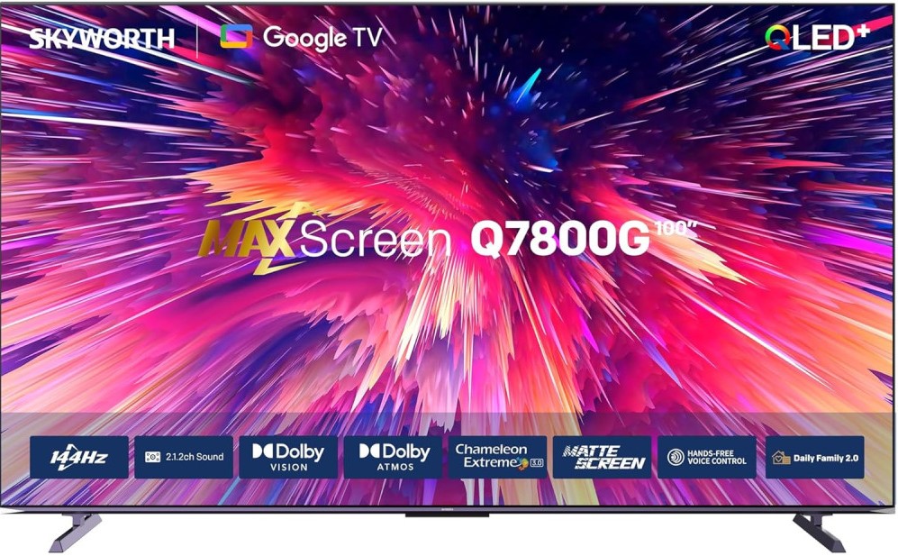100Q7800H - Computech-Solutions Skyworth QLED+ smart TV with Google TV, bold colorful display and Max Screen branding, 144Hz refresh rate.