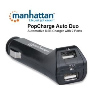Manhattan PopCharge Auto Duo dual USB car charger with two ports labeled 1A and 2.1A, plugged into a vehicle outlet
