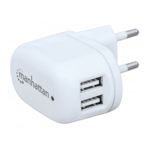 White dual USB wall charger with two USB-A ports and European plug pins (Manhattan brand).