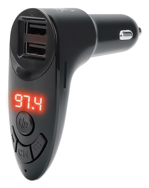 102315 - Computech-Solutions Car cigarette-lighter USB charger with two USB ports and a red digital voltage display reading 97.4, shown at an angle with a metal tip visible.