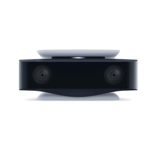 Dual-lens depth-sensing camera on a white stand, front view of a black rectangular device with two lenses.
