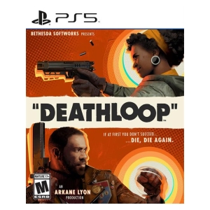 Deathloop game cover for PS5 showing two characters holding guns with bold black title across a beige band under an orange patterned background.
