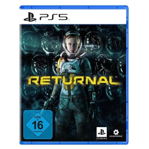 PS5 game cover for Returnal: female astronaut in teal suit with helmet, yellow title, dark alien background, USK 16 badge, PS Studios logos at bottom right