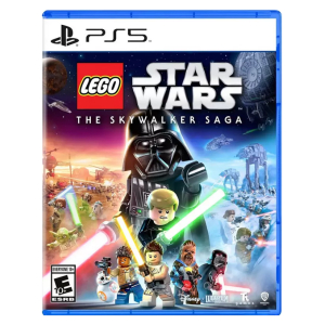 PS5 cover art for LEGO Star Wars: The Skywalker Saga showing Darth Vader and LEGO minifigures with glowing lightsabers.