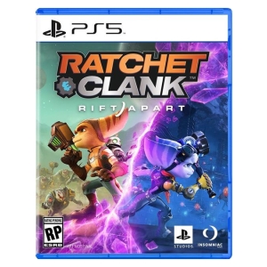 PS5 game cover for Ratchet & Clank: Rift Apart featuring Ratchet and a blue character in action with colorful sci‑fi backdrop
