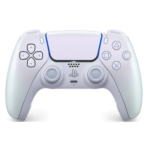 Front view of a white PlayStation 5 DualSense wireless controller with gray thumbsticks, D‑pad left, action buttons right, and PlayStation logo center.