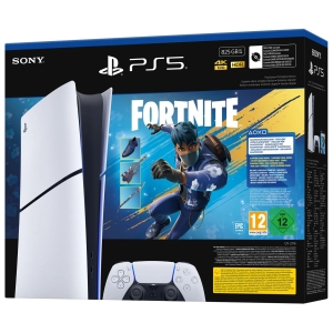 PS5 Fortnite bundle box featuring a white console, a DualSense controller, and Fortnite art on the packaging (brand logos visible).