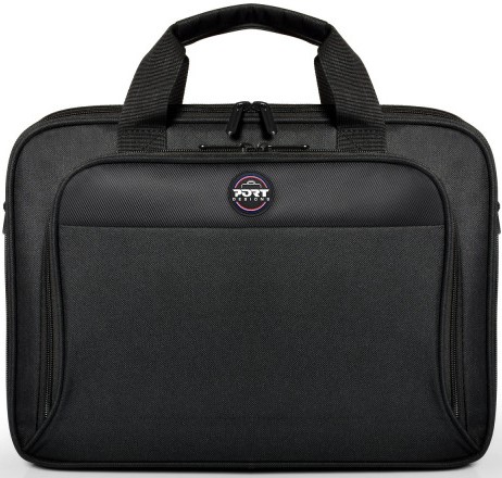 105065 - Computech-Solutions Black laptop/briefcase-style bag with two top handles, front zip pockets, and a small circular logo in the center front.”