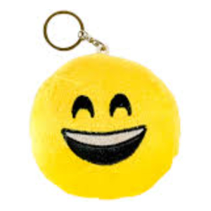 Yellow emoji-style smiley face keychain with a gold ring attached at the top, showing a wide, closed-eye grin.