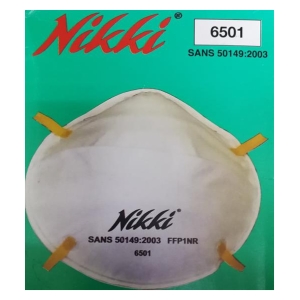 12911 - Computech-Solutions White disposable respirator mask centered on bright teal packaging with red 'Nikki' logo and model number 6501; text reads SANS 50149:2003 and FFP1NR on the mask and package.