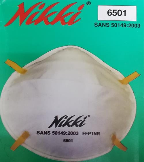 12911 ComputechSolutions White disposable respirator mask centered on bright teal packaging with red 'Nikki' logo and model number 6501; text reads SANS 50149:2003 and FFP1NR on the mask and package.
