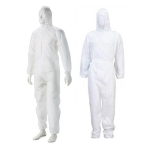 Two white disposable coveralls with hoods worn by mannequins, showing front and back views for cleanroom or hazmat use