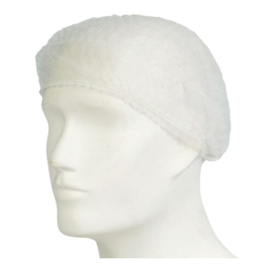 White fabric shower cap on a head mannequin, shown in side profile.