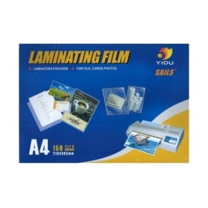 Blue packaging box for A4 laminating film pouches, indicating 150 sheets and usable with laminators; brand appears as YIDU/Sails in the corner.