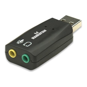 Manhattan USB audio adapter with two 3.5mm jacks: yellow line-in and green line-out.