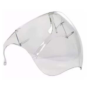 Clear plastic face shield with an adjustable headband, designed to protect the face from splashes and debris