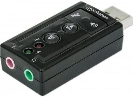 152341 - Computech-Solutions Manhattan USB audio adapter with volume buttons and mic (pink) and headphone (green) jacks.