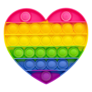 Rainbow heart-shaped pop-it fidget toy with colored bubbles arranged in rows for tactile popping.