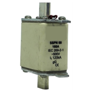 Cream-colored high-current fuse block with top and bottom terminals; markings SSPN 00, 160A, ~500V, I1 120kA, CE.