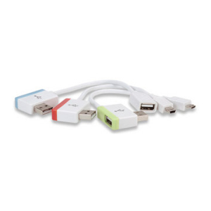 Set of color-coded USB adapters with blue, red, and green ends attached to white USB cables on a white background.