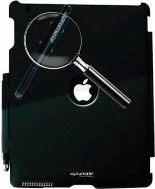 161815191816 - Computech-Solutions Close-up of a black Apple computer case with a magnifying glass over the logo, highlighting the Apple emblem.