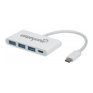 White USB-C to 4-port USB hub with three USB-A ports and one USB-C port on a short cable.