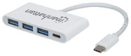 163552 - Computech-Solutions White USB-C to 4-port USB hub with three USB-A ports and one USB-C port on a short cable.