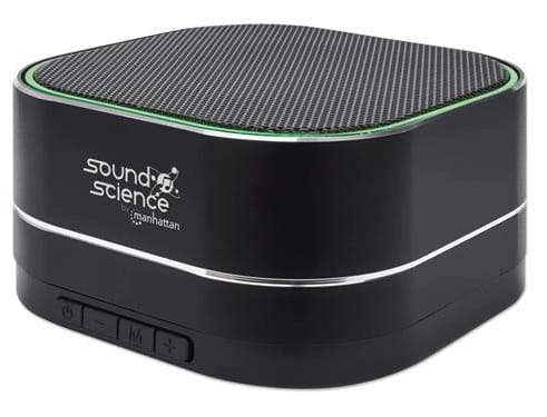 164993 ComputechSolutions Compact black SoundScience Manhattan speaker with a green rim, shown from a front-left angle, with control buttons along the base.