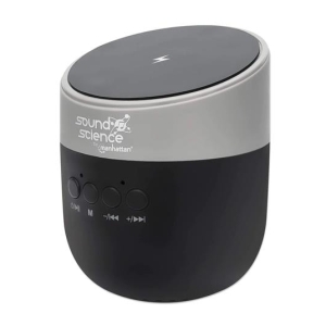 Small two-tone portable Bluetooth speaker with playback buttons on the front and a wireless charging top pad.