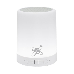 White portable Bluetooth speaker with a rounded rectangular body, top grille, and control buttons along the base.