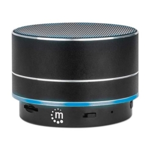 Black cylindrical smart speaker with a blue ambient light ring at the base and small control/port area at the bottom front.