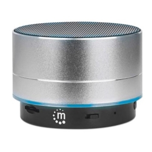 Small portable Bluetooth speaker with a silver cylindrical body, mesh top, and a blue LED ring.