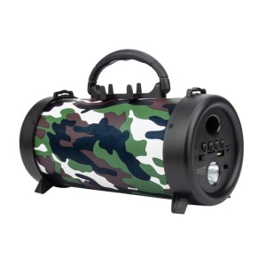 Camouflage-pattern portable speaker with a top carrying handle and control panel on the ends, including an integrated flashlight at one side.