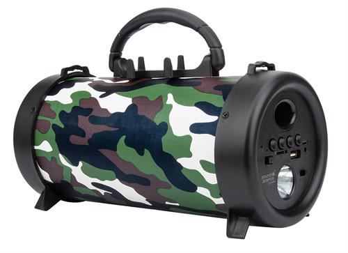 Camouflage-pattern portable speaker with a top carrying handle and control panel on the ends, including an integrated flashlight at one side.