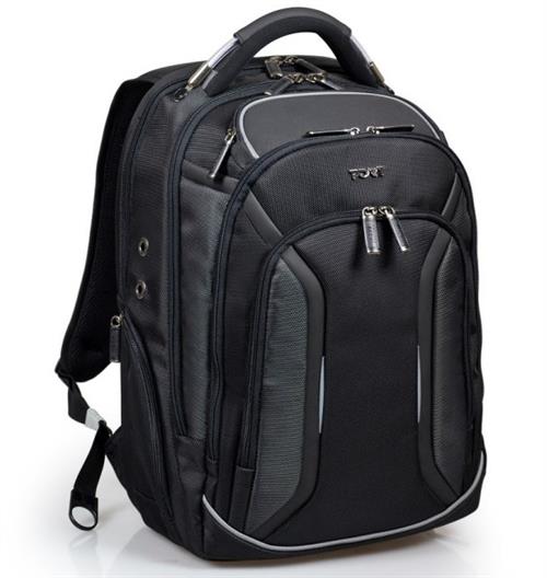170400 - Computech-Solutions Black multi-pocket backpack with padded straps and multiple zippers, suitable for travel or daily use.