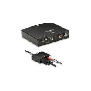 Video converter box with VGA output and RCA stereo audio jacks, plus a separate power/connector cable.