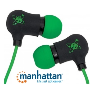 In-ear headphones with green silicone tips and black housings, each featuring a skull logo, connected by a green cable, with Manhattan branding underneath as a product photo.