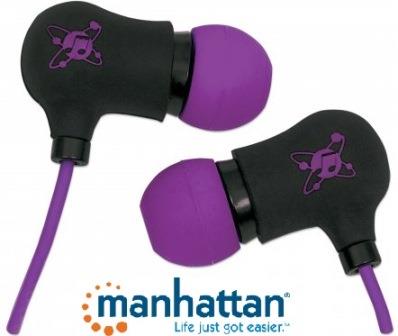 178877 - Computech-Solutions Black and purple wired in-ear headphones with purple silicone tips; skull logo on each earpiece.