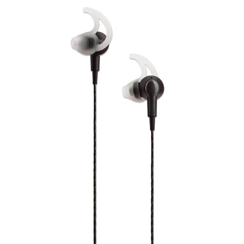 179607 - Computech-Solutions In-ear sport headphones with white wing tips and black stems on a black cord, front view.