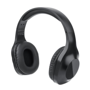 Black over-ear headphones with cushioned ear cups and headband, viewed from a three-quarter angle.