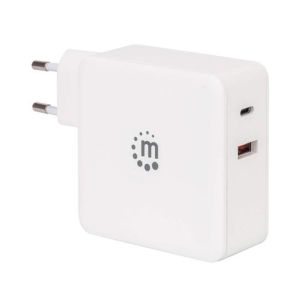 White USB wall charger with two side ports (USB-A and micro/USB-C) and a gray brand logo on the front.