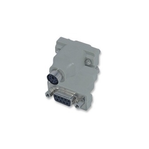 Gray serial adapter with a DB-9 female connector on one end and a round multi-pin connector on the other end.