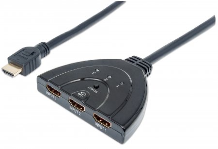 207423 - Computech-Solutions Black HDMI switch with three input ports (Input 1–Input 3) and one output cable attached to the unit.