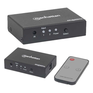 Two Manhattan HDMI selector boxes (4K@60Hz) with an IR input, two input buttons, power and a remote control for switching inputs.