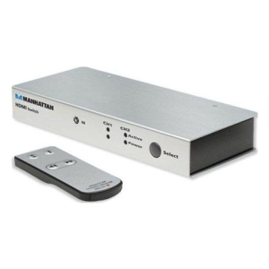 Manhattan HDMI switch with front panel indicators and a small remote control nearby, used to switch HDMI inputs (CH1/CH2).